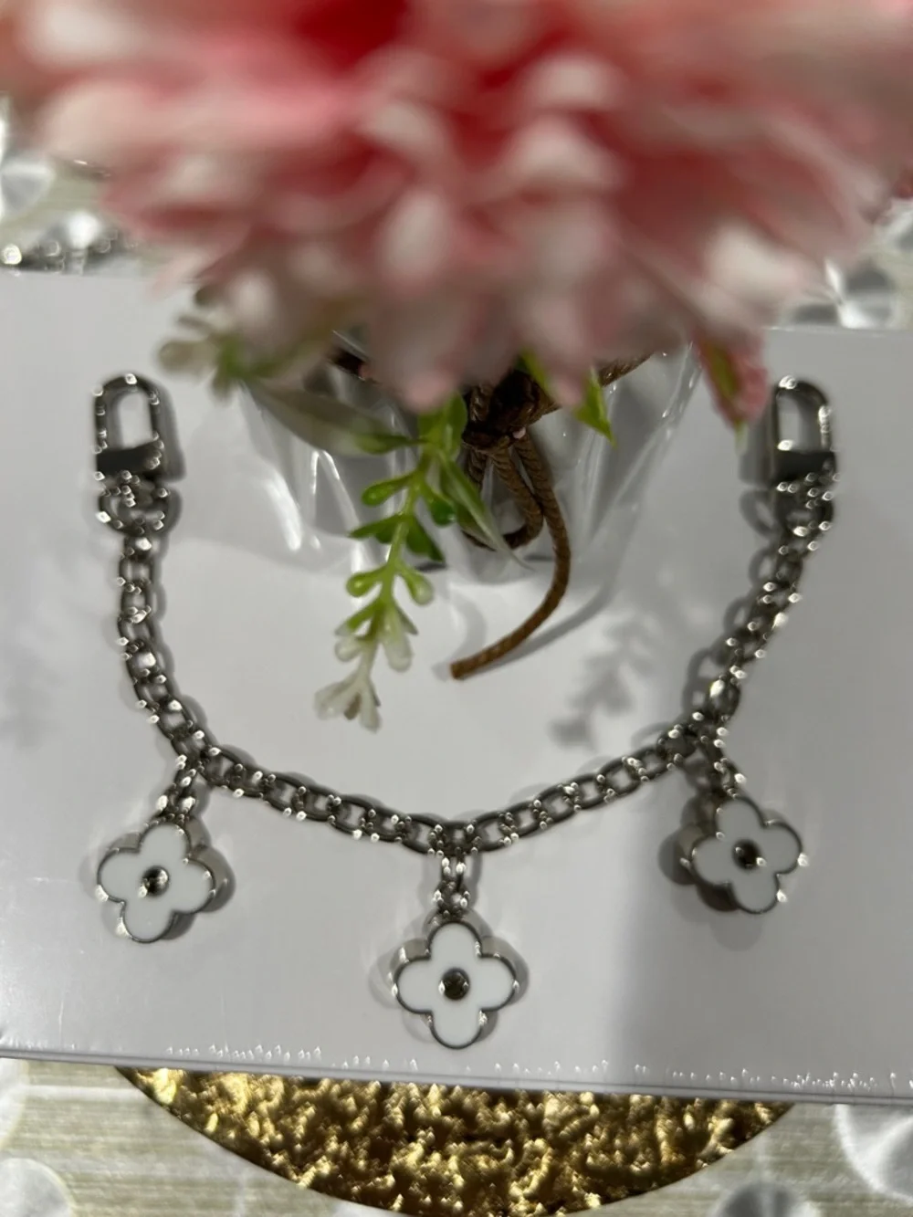 376. White Enamel Chunky Double Sided Flower Charm Silver Bag Chain. 10”